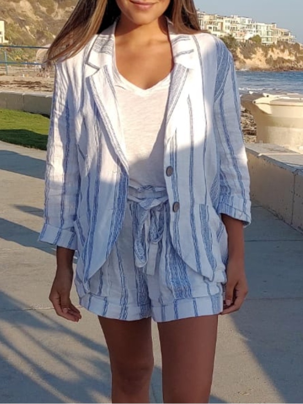 Vintage Havana White and Blue Striped Linen Blend Blazer